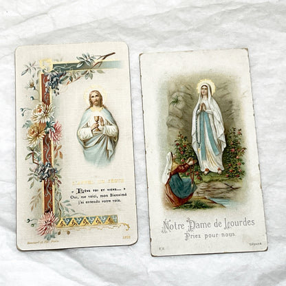 1900s - 2 Antique French Religious Cards - Jesus Eucharist and Our Lady of Lourdes - Vintage Holy Prayer Cards - Collectible Ephemera