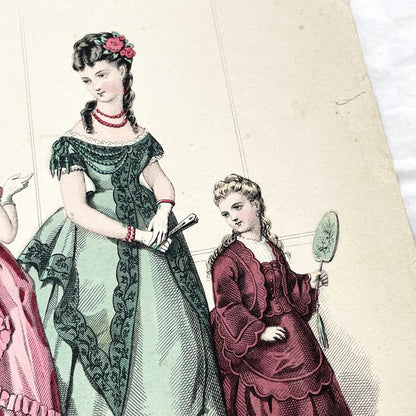 1870s - Original French Fashion Print from Journal des Demoiselles - Modistes de Paris Evening Wear Gown Illustration - Victorian Era