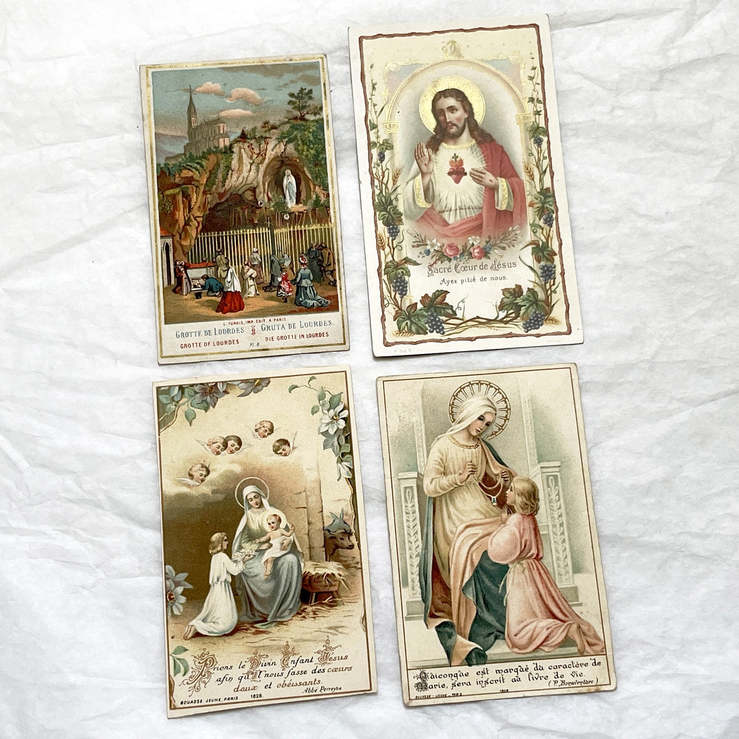 Late 19th - 4 Antique French Holy Cards - Devotional Imagery Collection - Sacred Heart - Lourdes Grotto - Marian Scenes