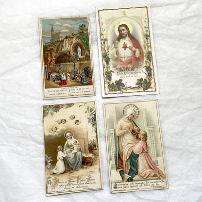 Late 19th - 4 Antique French Holy Cards - Devotional Imagery Collection - Sacred Heart - Lourdes Grotto - Marian Scenes