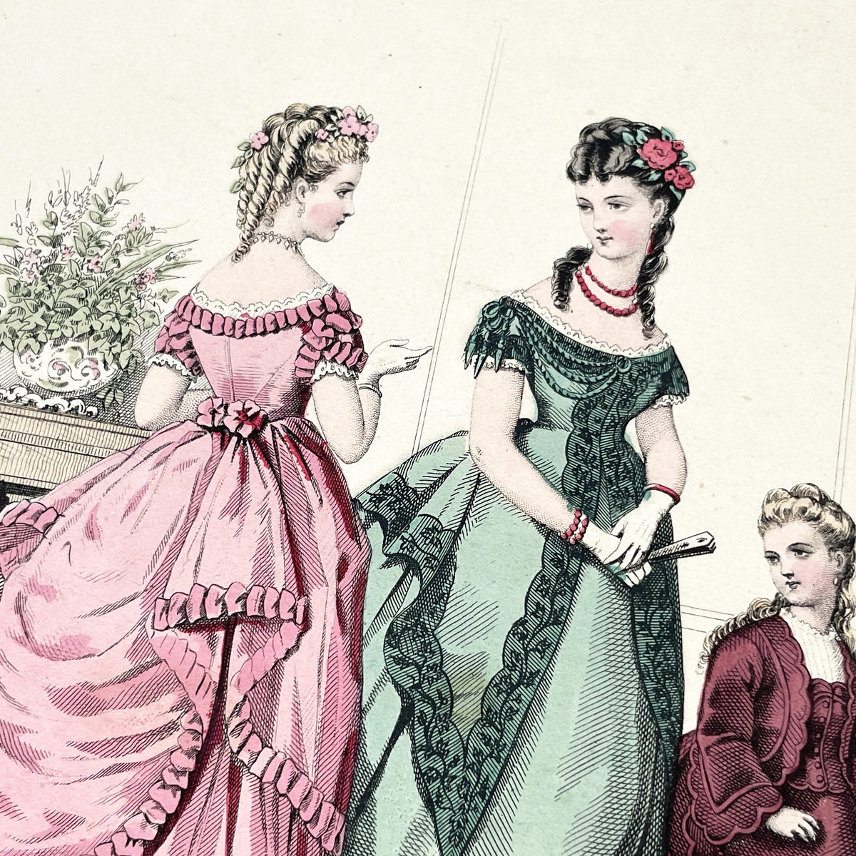 1870s - Original French Fashion Print from Journal des Demoiselles - Modistes de Paris Evening Wear Gown Illustration - Victorian Era