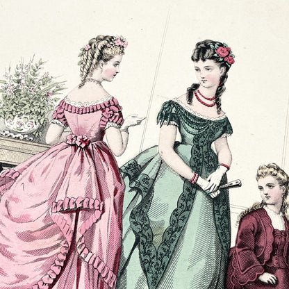 1870s - Original French Fashion Print from Journal des Demoiselles - Modistes de Paris Evening Wear Gown Illustration - Victorian Era