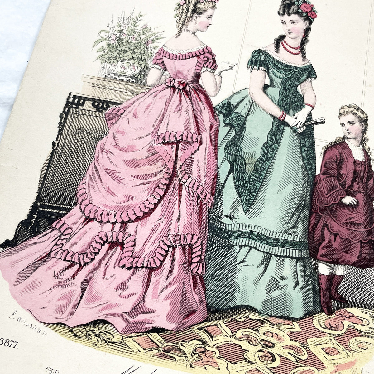 1870s - Original French Fashion Print from Journal des Demoiselles - Modistes de Paris Evening Wear Gown Illustration - Victorian Era
