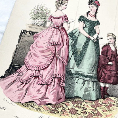 1870s - Original French Fashion Print from Journal des Demoiselles - Modistes de Paris Evening Wear Gown Illustration - Victorian Era