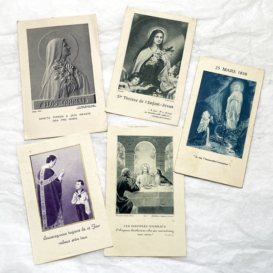 1940s - 5 Vintage French Religious Holy Cards Collection - Catholic Prayer Card Art - Saints - Lourdes - Communion - Devotional Ephemera