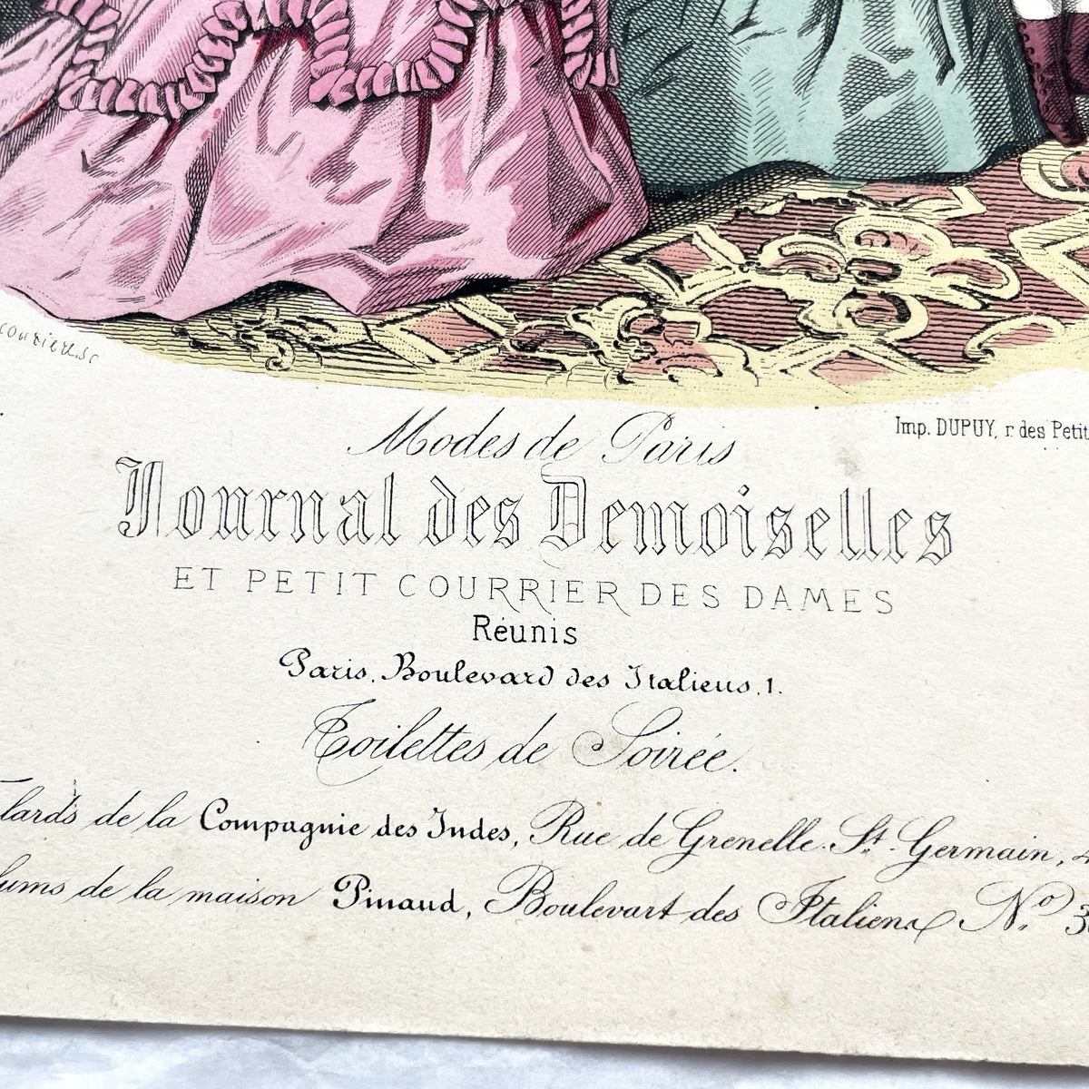 1870s - Original French Fashion Print from Journal des Demoiselles - Modistes de Paris Evening Wear Gown Illustration - Victorian Era