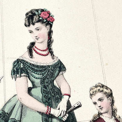 1870s - Original French Fashion Print from Journal des Demoiselles - Modistes de Paris Evening Wear Gown Illustration - Victorian Era
