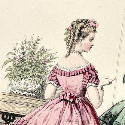 1870s - Original French Fashion Print from Journal des Demoiselles - Modistes de Paris Evening Wear Gown Illustration - Victorian Era