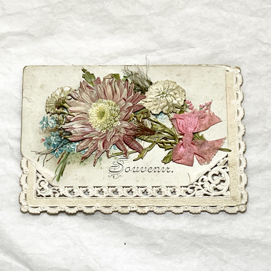 Late 19th - Vintage Floral Souvenir Card - Ornate Die-Cut Design - Pink Chrysanthemum - Victorian Ephemera Collectible for Crafts and Decor