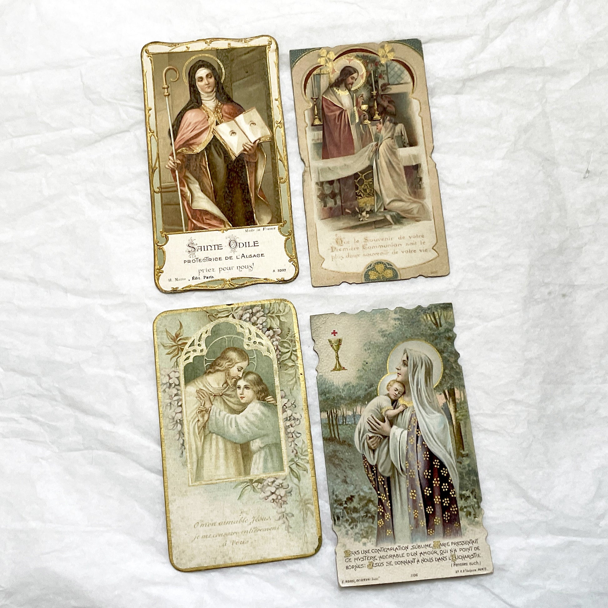 1920s - 4 French Religious Prayer Cards - Vintage Catholic Chromolithographs - First Communion, Saints, Virgin Mary - Devotional Art