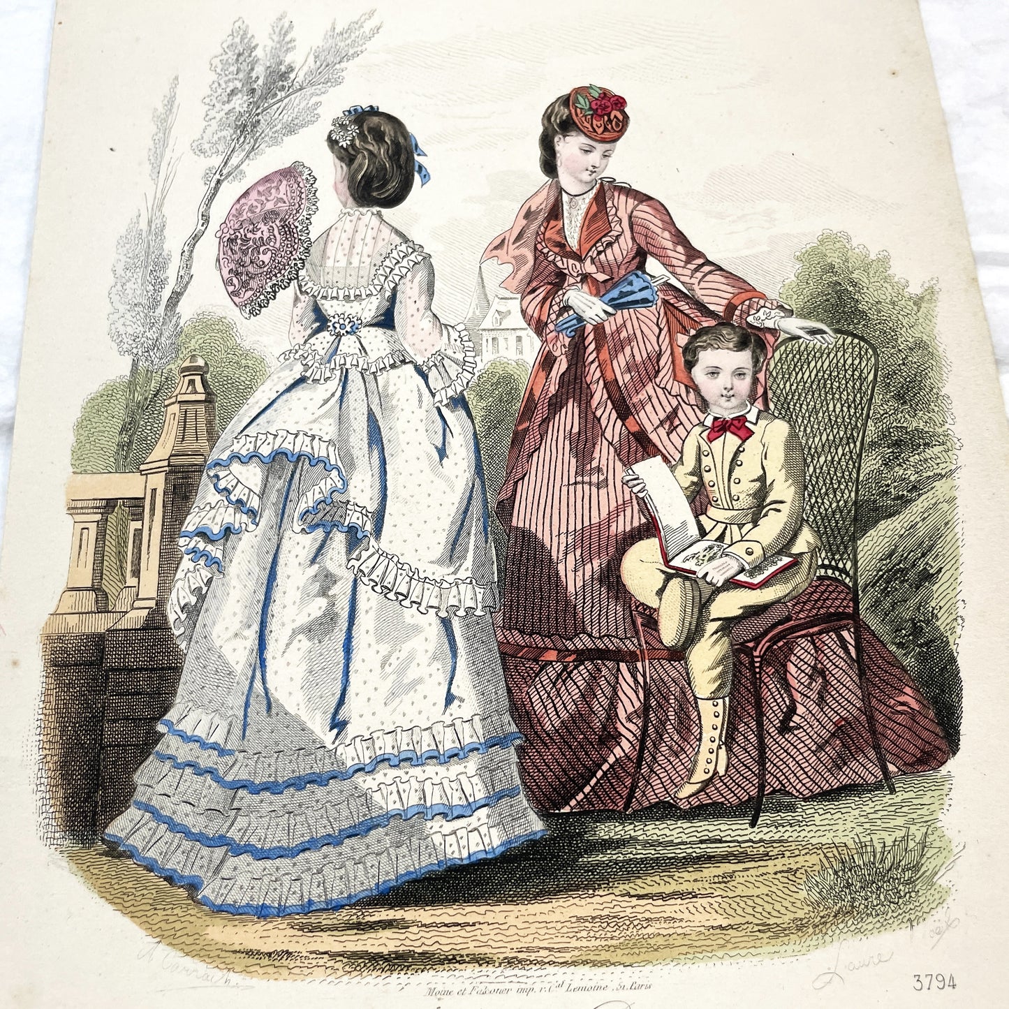 1870s - Exquisite Hand-Colored French Fashion Plate - Journal des Demoiselles - Elegant Crinoline Dresses and Children's Wear