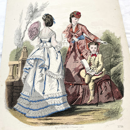 1870s - Exquisite Hand-Colored French Fashion Plate - Journal des Demoiselles - Elegant Crinoline Dresses and Children's Wear