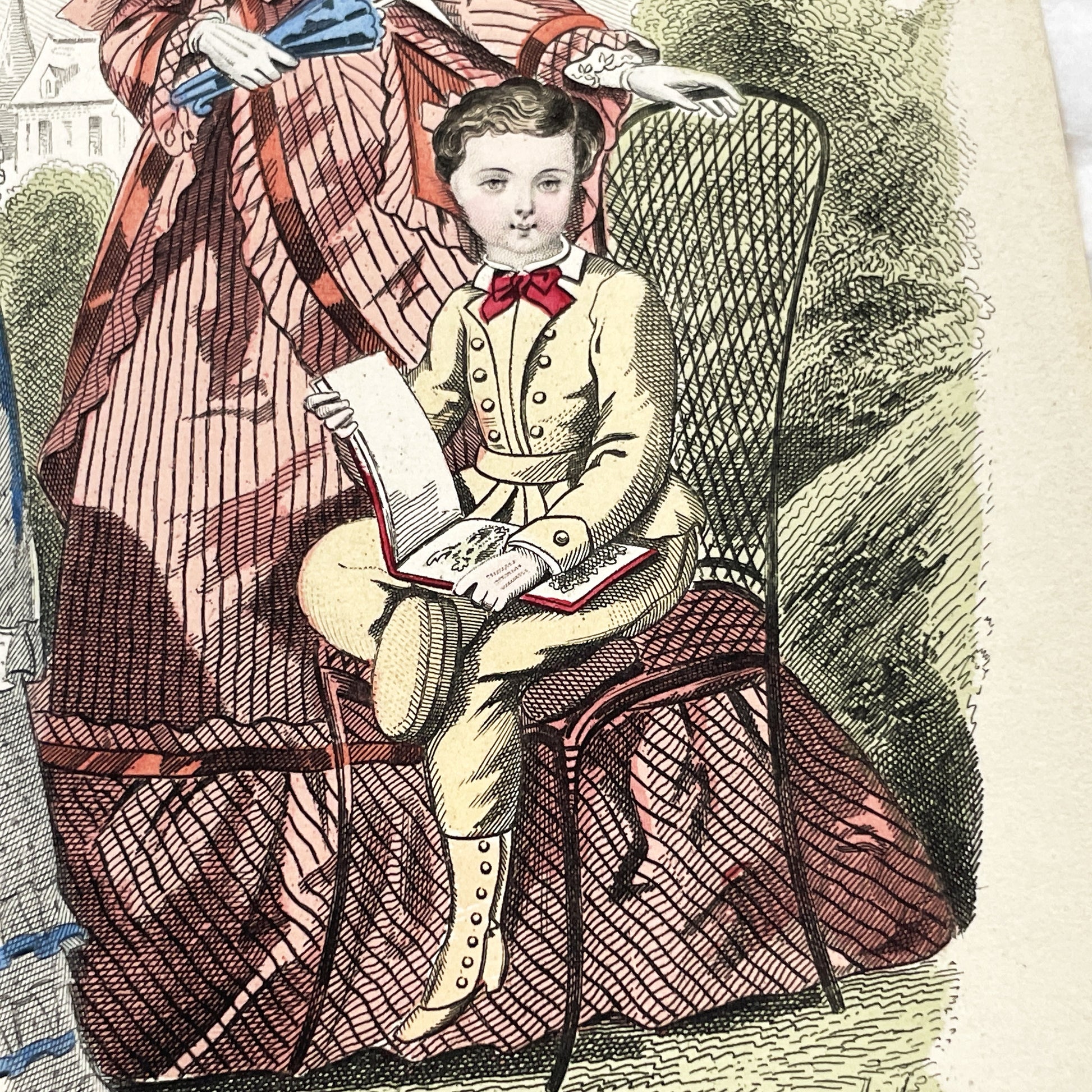 1870s - Exquisite Hand-Colored French Fashion Plate - Journal des Demoiselles - Elegant Crinoline Dresses and Children's Wear