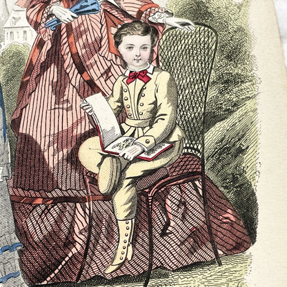 1870s - Exquisite Hand-Colored French Fashion Plate - Journal des Demoiselles - Elegant Crinoline Dresses and Children's Wear