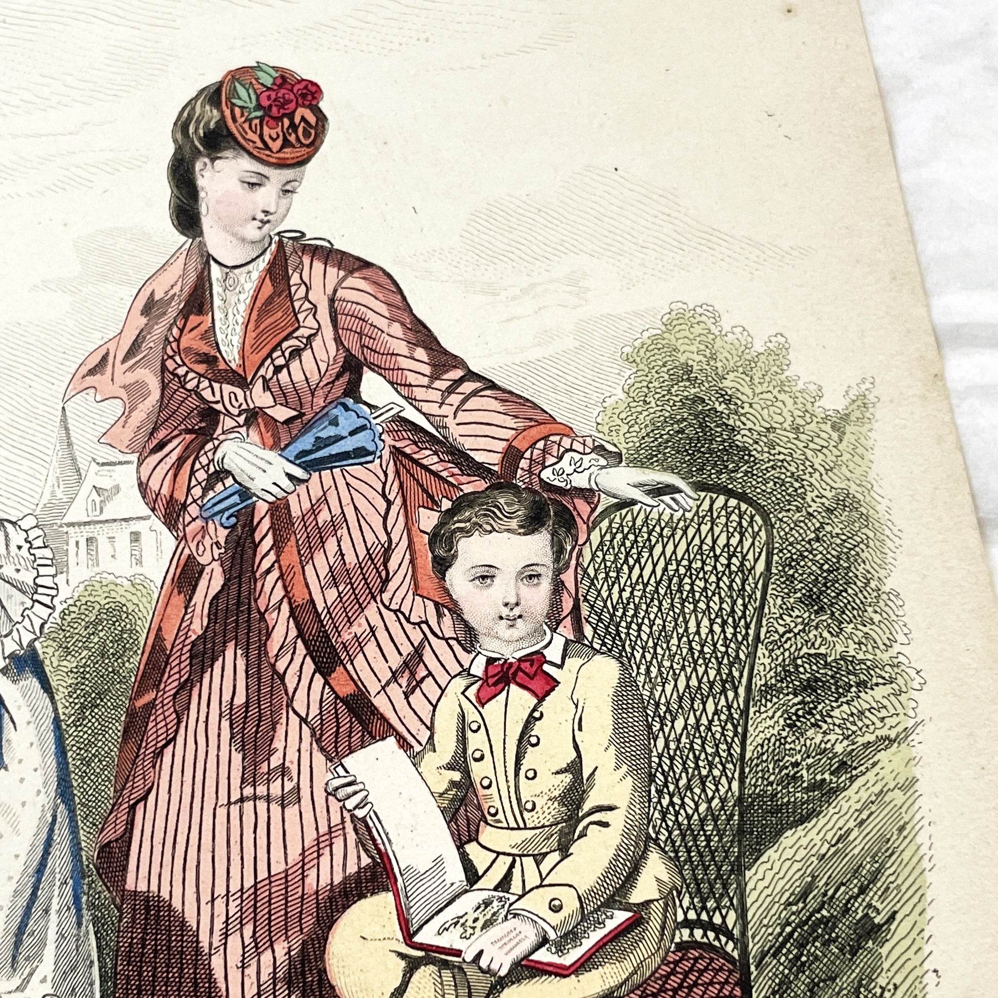 1870s - Exquisite Hand-Colored French Fashion Plate - Journal des Demoiselles - Elegant Crinoline Dresses and Children's Wear