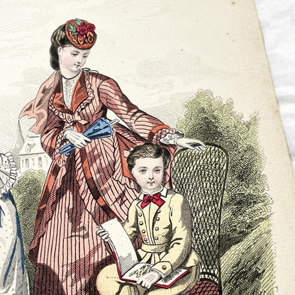 1870s - Exquisite Hand-Colored French Fashion Plate - Journal des Demoiselles - Elegant Crinoline Dresses and Children's Wear
