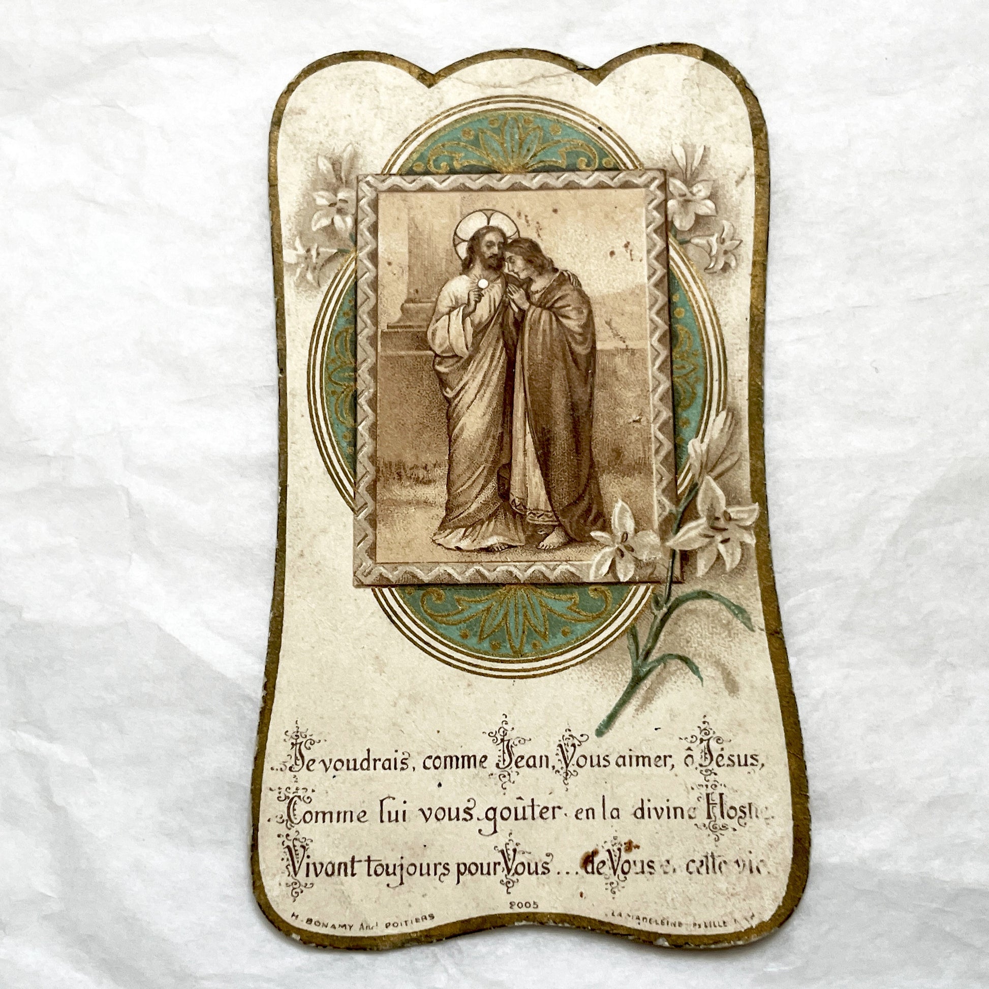 1900s - Antique French Religious Card - First Communion Jesus And Saint John - Vintage Prayer Card - Catholic Ephemera - Holy Memento