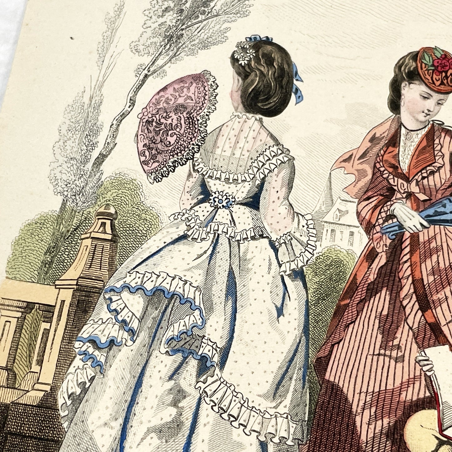 1870s - Exquisite Hand-Colored French Fashion Plate - Journal des Demoiselles - Elegant Crinoline Dresses and Children's Wear