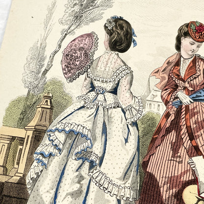 1870s - Exquisite Hand-Colored French Fashion Plate - Journal des Demoiselles - Elegant Crinoline Dresses and Children's Wear