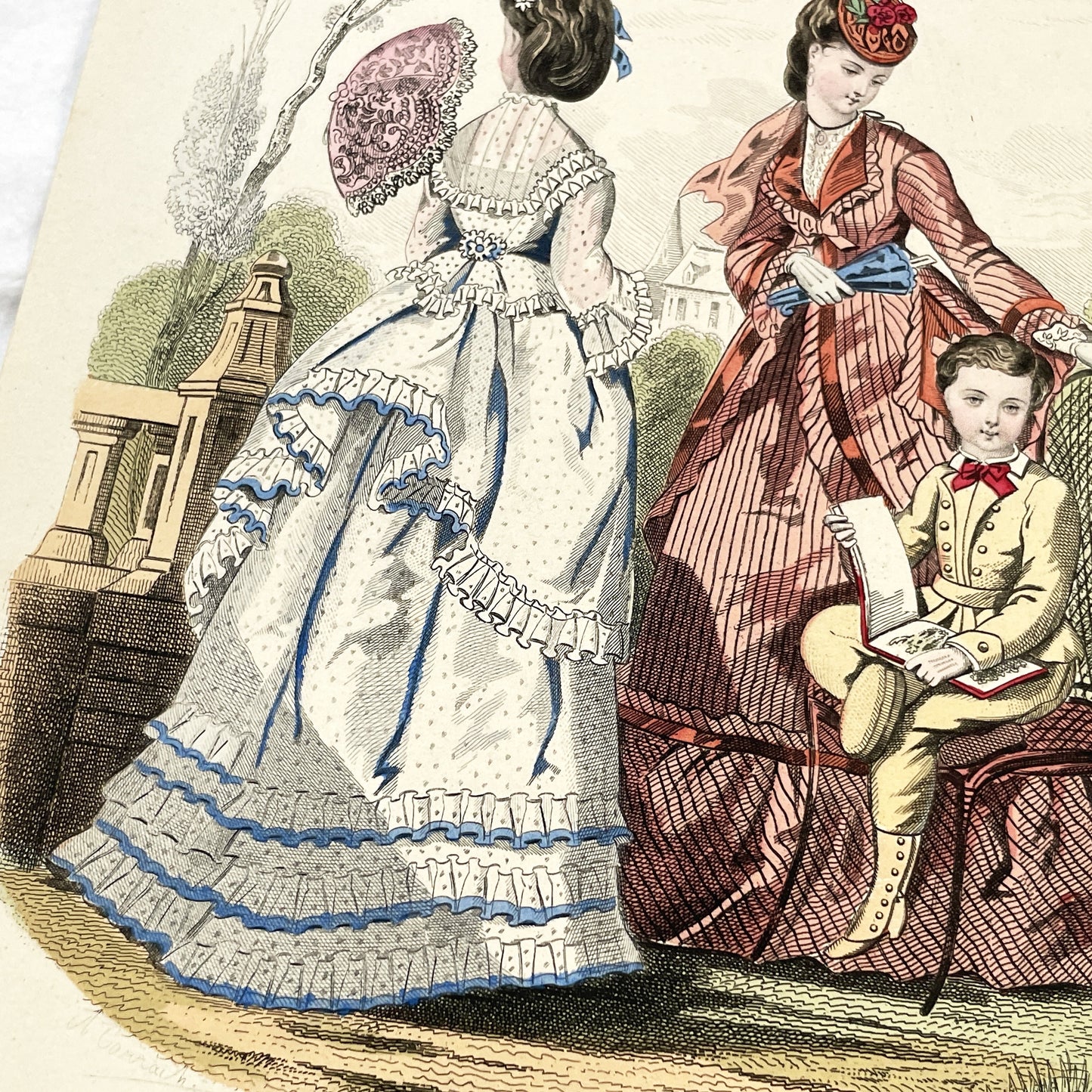 1870s - Exquisite Hand-Colored French Fashion Plate - Journal des Demoiselles - Elegant Crinoline Dresses and Children's Wear