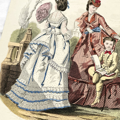 1870s - Exquisite Hand-Colored French Fashion Plate - Journal des Demoiselles - Elegant Crinoline Dresses and Children's Wear