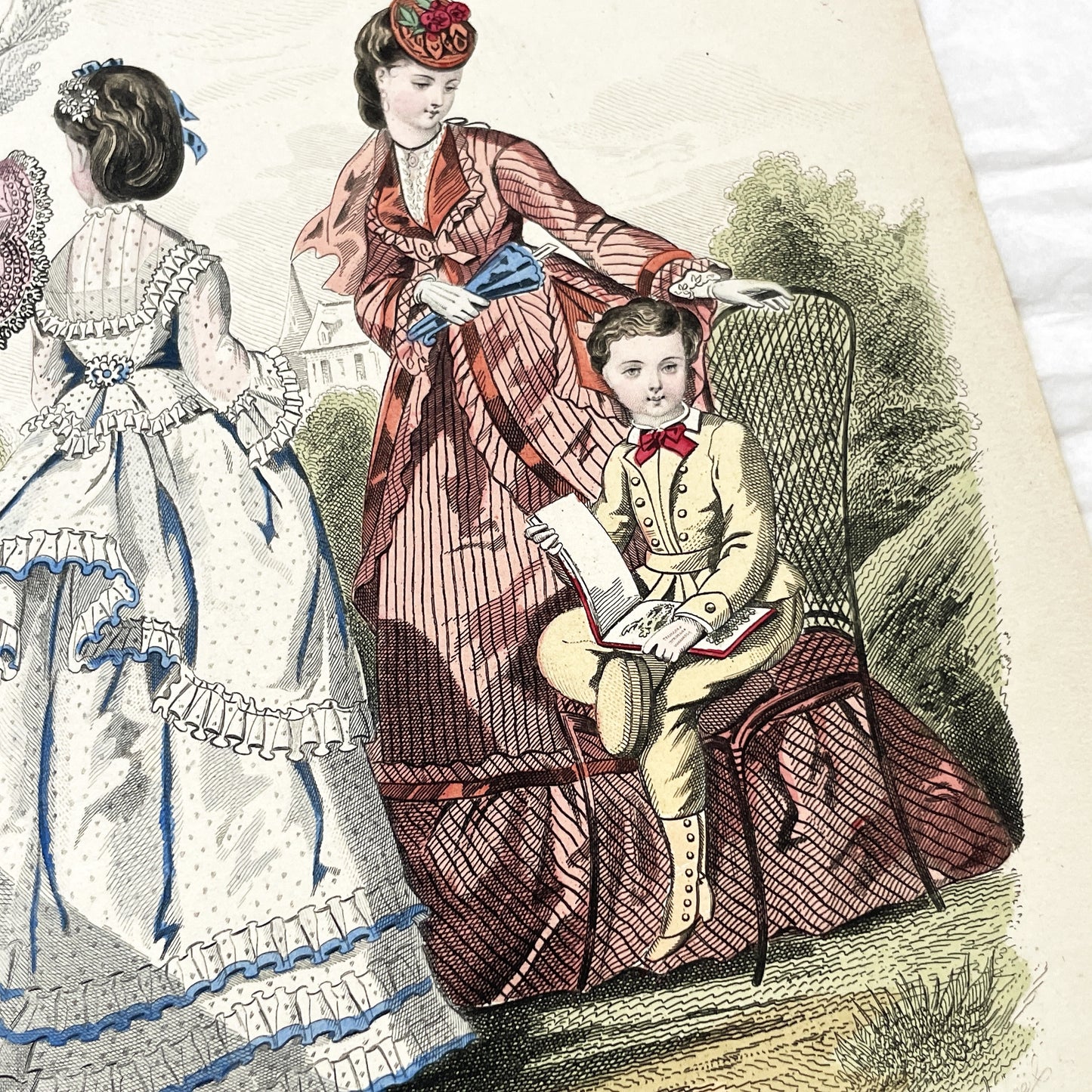 1870s - Exquisite Hand-Colored French Fashion Plate - Journal des Demoiselles - Elegant Crinoline Dresses and Children's Wear