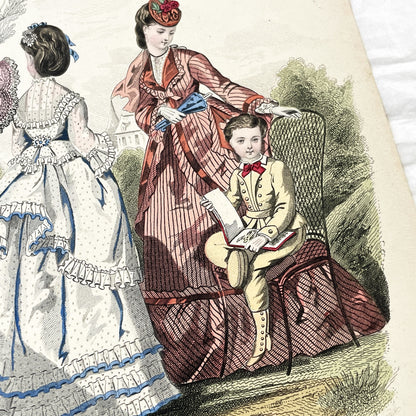 1870s - Exquisite Hand-Colored French Fashion Plate - Journal des Demoiselles - Elegant Crinoline Dresses and Children's Wear