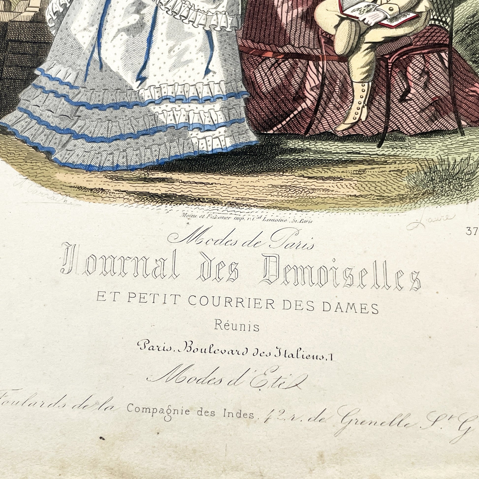 1870s - Exquisite Hand-Colored French Fashion Plate - Journal des Demoiselles - Elegant Crinoline Dresses and Children's Wear