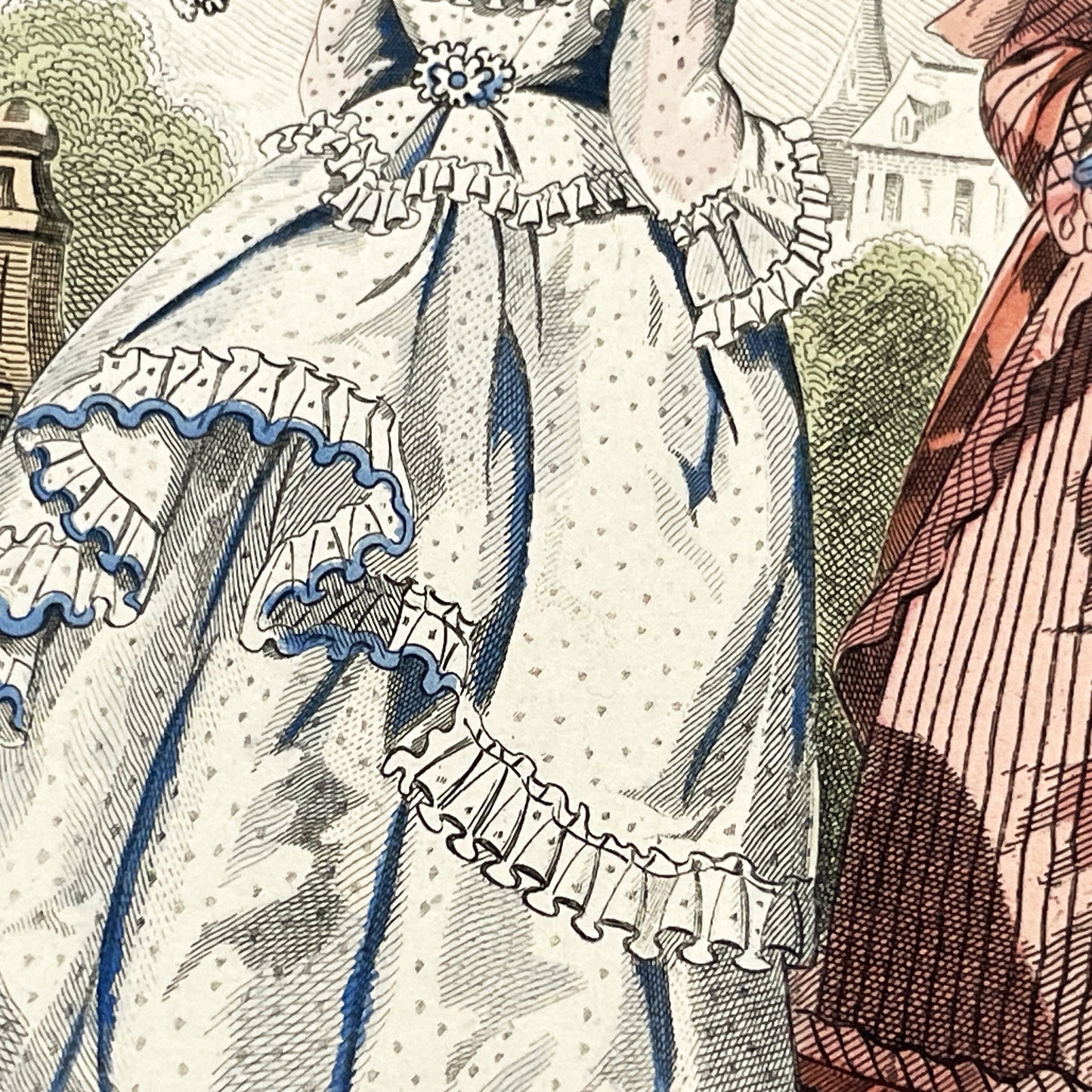 1870s - Exquisite Hand-Colored French Fashion Plate - Journal des Demoiselles - Elegant Crinoline Dresses and Children's Wear