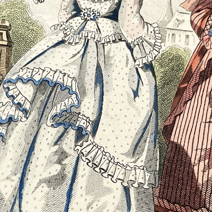 1870s - Exquisite Hand-Colored French Fashion Plate - Journal des Demoiselles - Elegant Crinoline Dresses and Children's Wear
