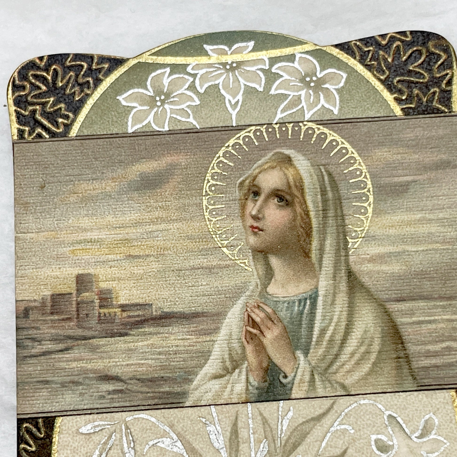 1900s - Antique French Religious Card - Virgin Mary Art - Gold Embellishments - Devotional Prayer Holy Card