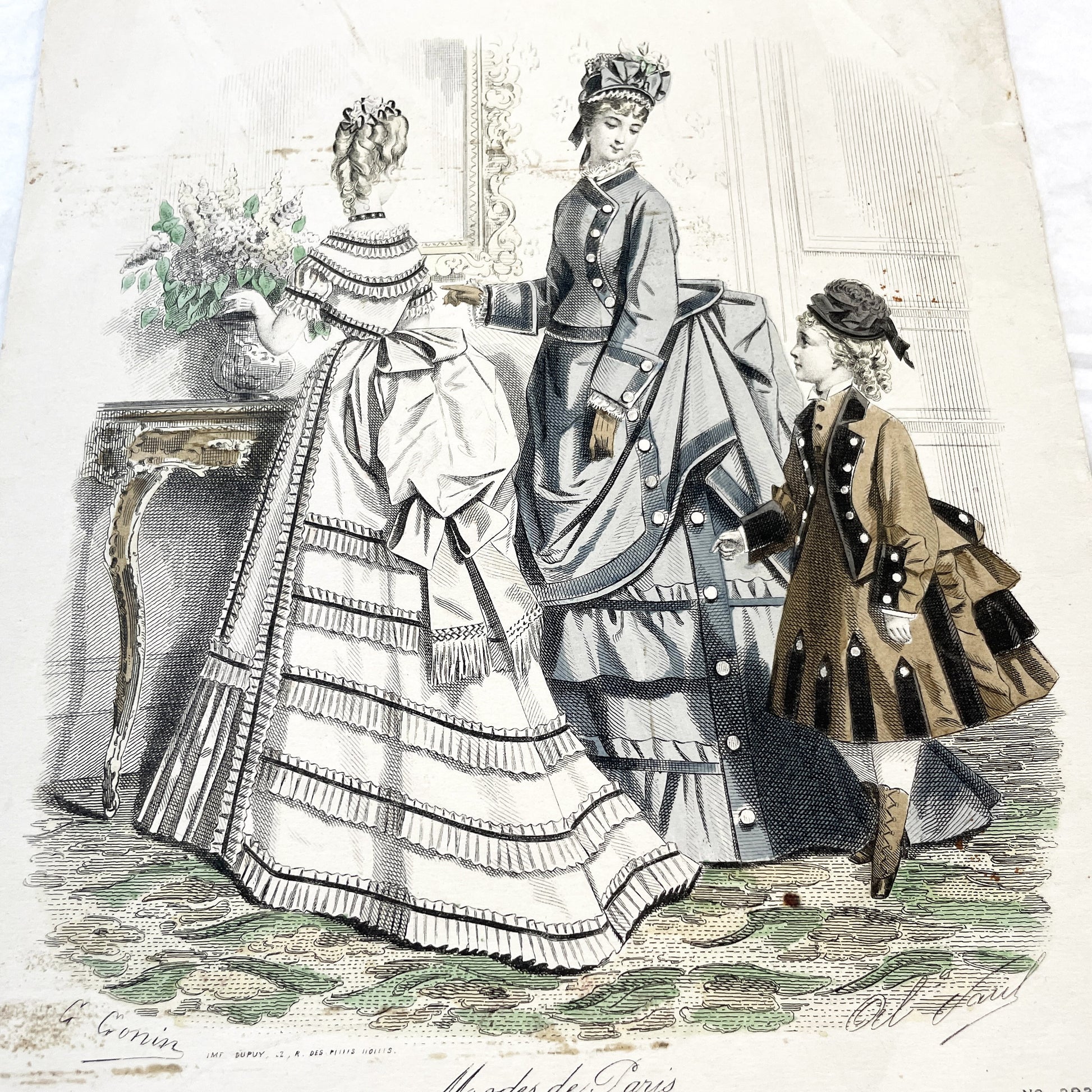 1870s - Exquisite April 1874 Parisian Fashion Plate - Journal des Demoiselles - Hand-Colored Antique Print of Elegant French Modiste Styles
