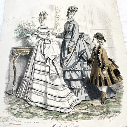 1870s - Exquisite April 1874 Parisian Fashion Plate - Journal des Demoiselles - Hand-Colored Antique Print of Elegant French Modiste Styles