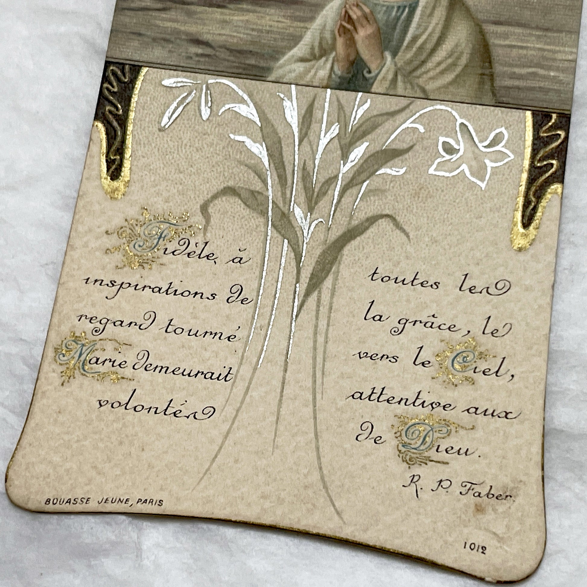 1900s - Antique French Religious Card - Virgin Mary Art - Gold Embellishments - Devotional Prayer Holy Card