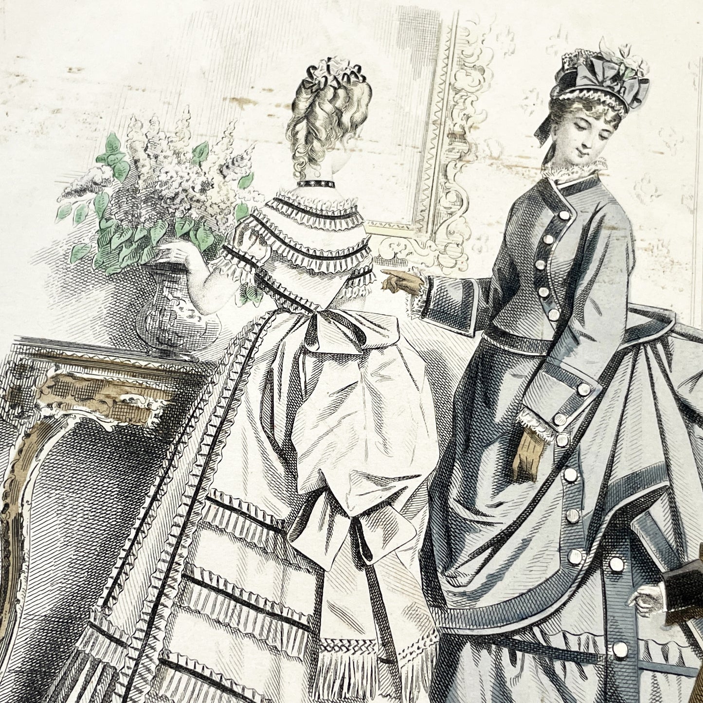 1870s - Exquisite April 1874 Parisian Fashion Plate - Journal des Demoiselles - Hand-Colored Antique Print of Elegant French Modiste Styles