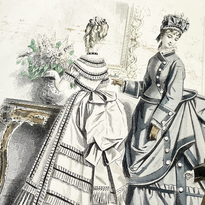 1870s - Exquisite April 1874 Parisian Fashion Plate - Journal des Demoiselles - Hand-Colored Antique Print of Elegant French Modiste Styles