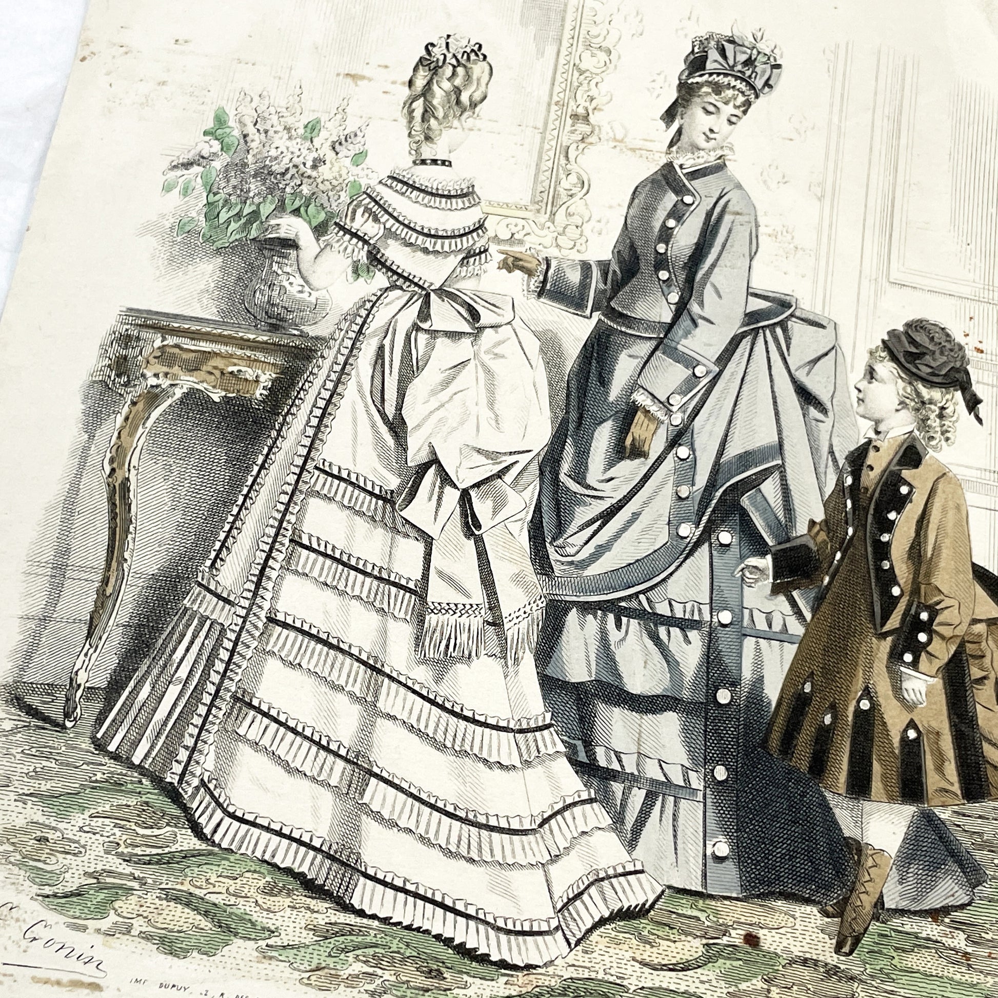 1870s - Exquisite April 1874 Parisian Fashion Plate - Journal des Demoiselles - Hand-Colored Antique Print of Elegant French Modiste Styles