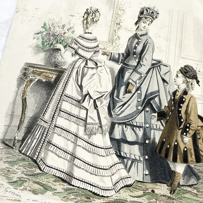 1870s - Exquisite April 1874 Parisian Fashion Plate - Journal des Demoiselles - Hand-Colored Antique Print of Elegant French Modiste Styles