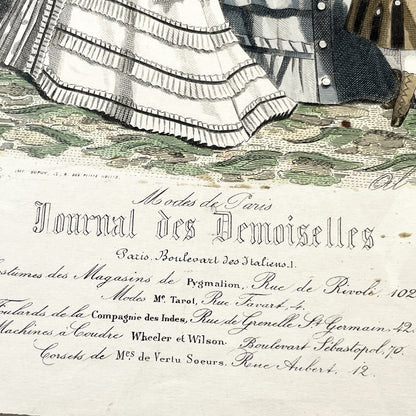 1870s - Exquisite April 1874 Parisian Fashion Plate - Journal des Demoiselles - Hand-Colored Antique Print of Elegant French Modiste Styles