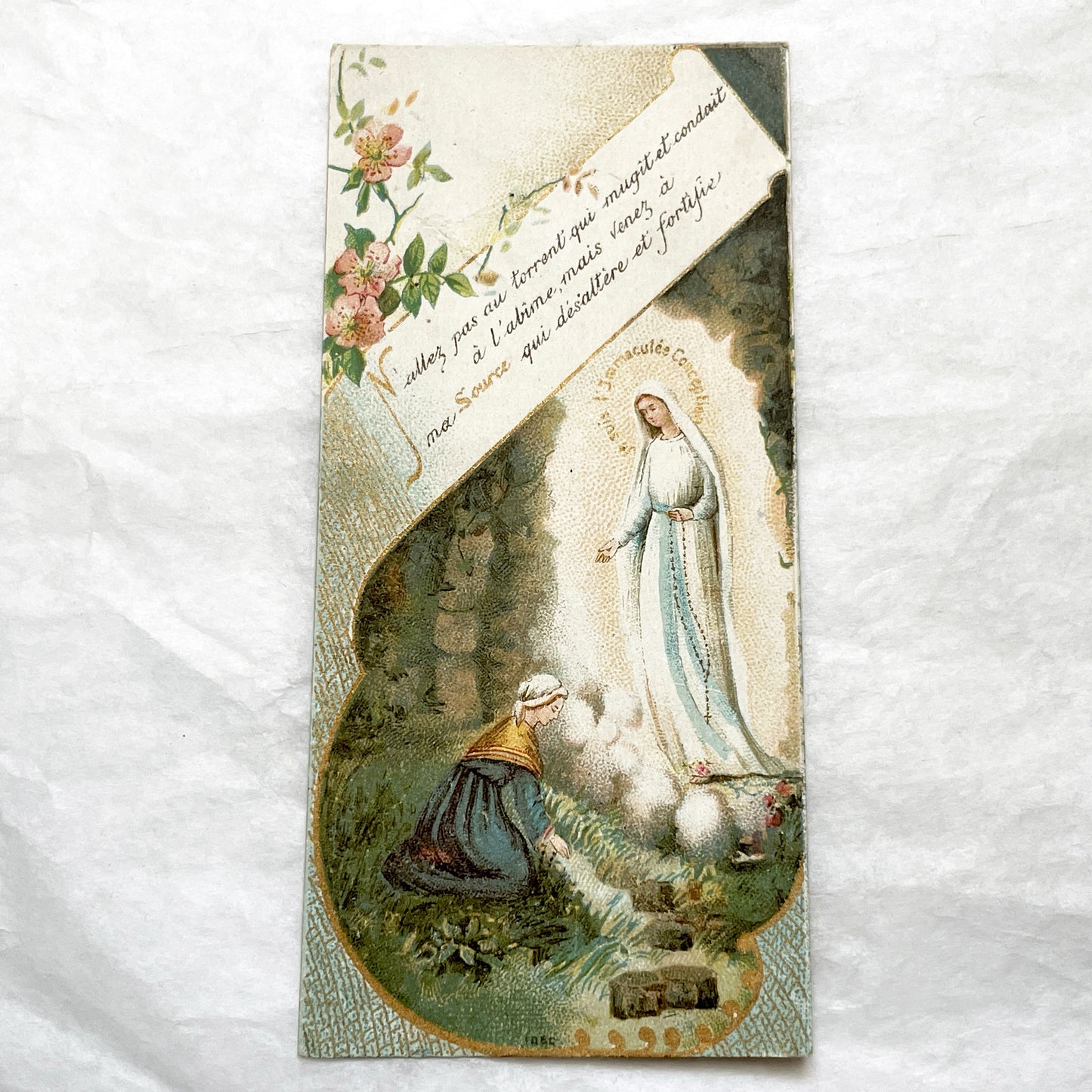 Late 19th - Religious Card with Apparition of Mary and a Kneeling Figure - Vintage French Devotional Art - Immaculate Conception Print