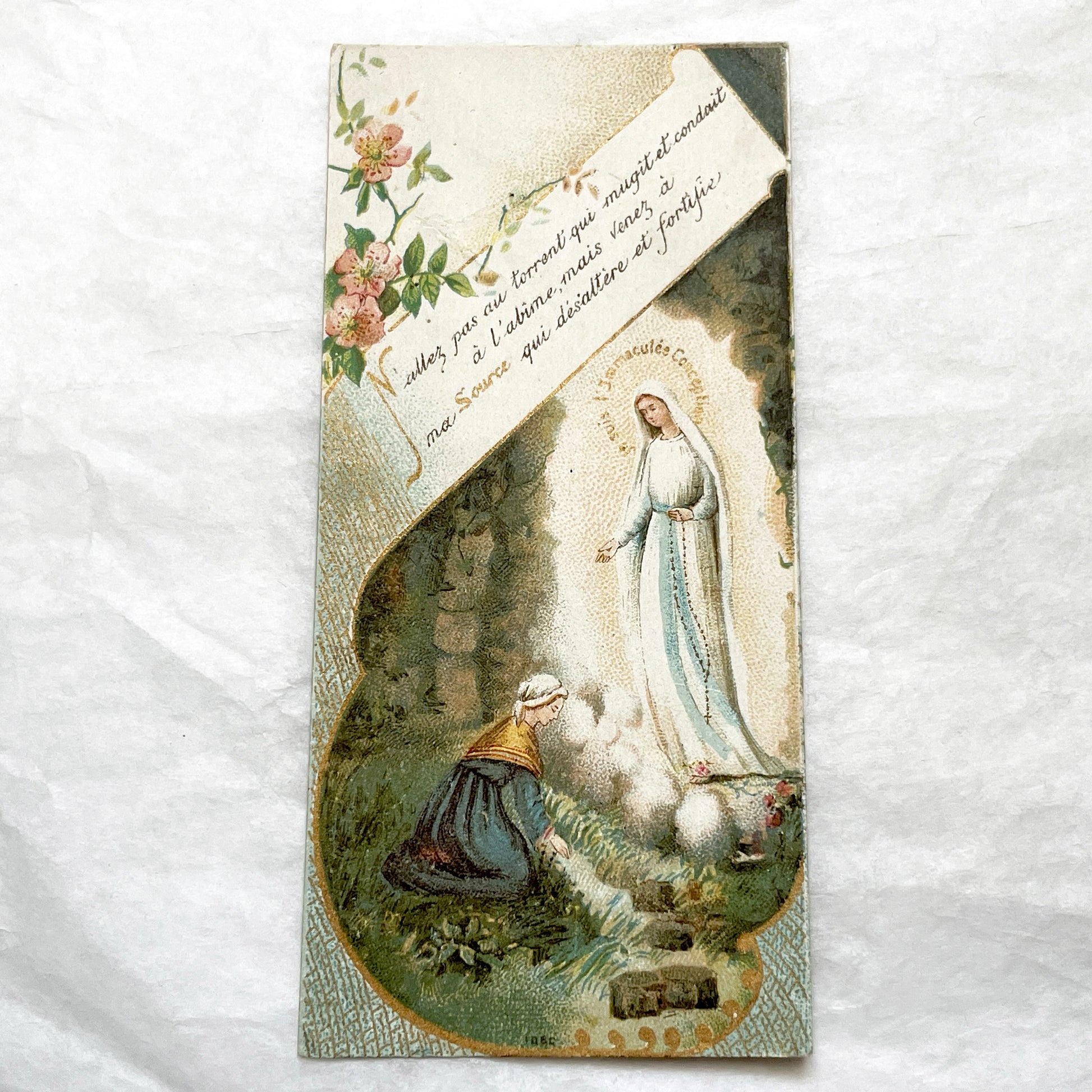 Late 19th - Religious Card with Apparition of Mary and a Kneeling Figure - Vintage French Devotional Art - Immaculate Conception Print