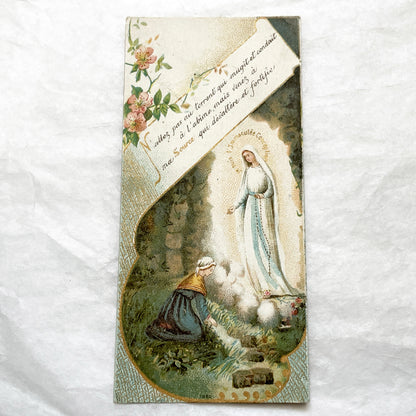 Late 19th - Religious Card with Apparition of Mary and a Kneeling Figure - Vintage French Devotional Art - Immaculate Conception Print