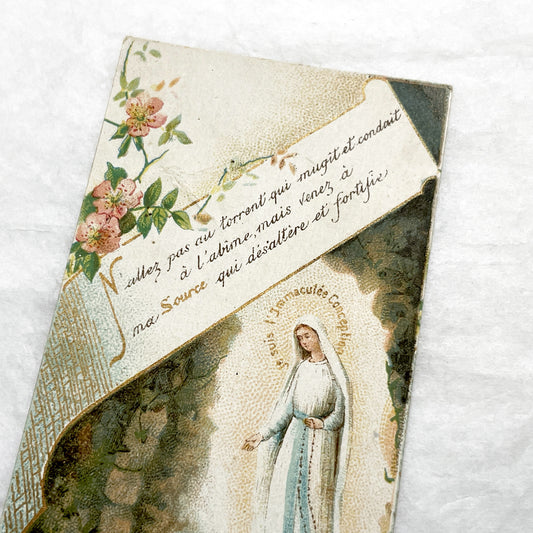 Late 19th - Religious Card with Apparition of Mary and a Kneeling Figure - Vintage French Devotional Art - Immaculate Conception Print