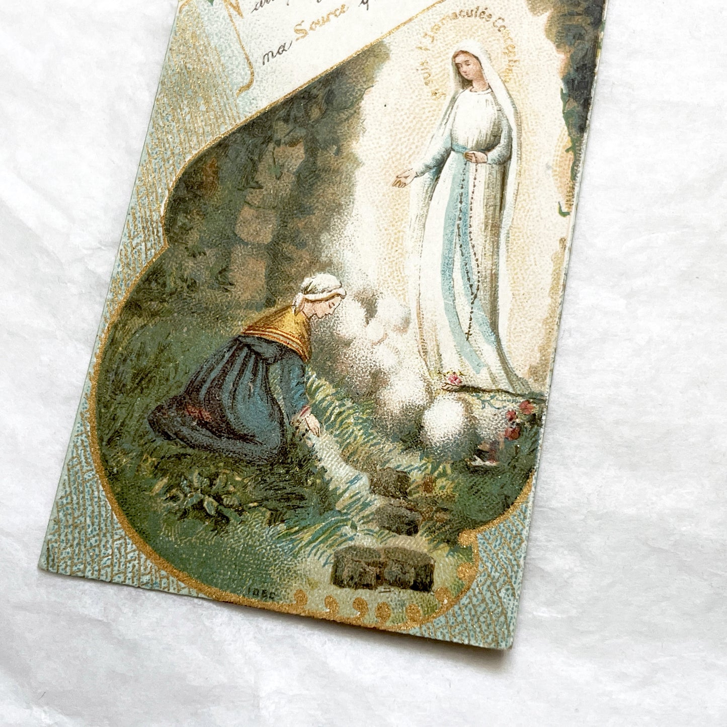 Late 19th - Religious Card with Apparition of Mary and a Kneeling Figure - Vintage French Devotional Art - Immaculate Conception Print