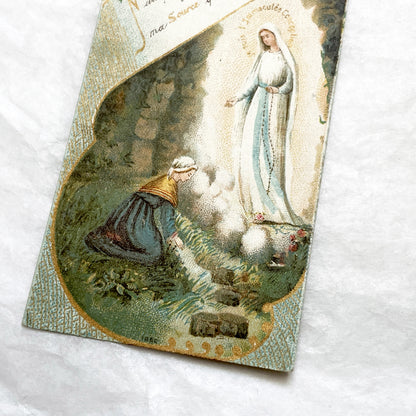 Late 19th - Religious Card with Apparition of Mary and a Kneeling Figure - Vintage French Devotional Art - Immaculate Conception Print