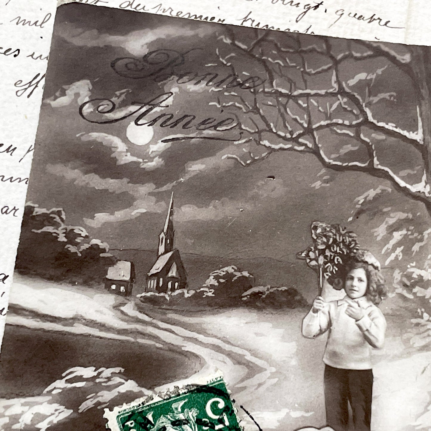 1910s - Antique French Postcard - Winter Scene - New Year Greetings - Sepia Tone Art - Vintage Ephemera Collectible