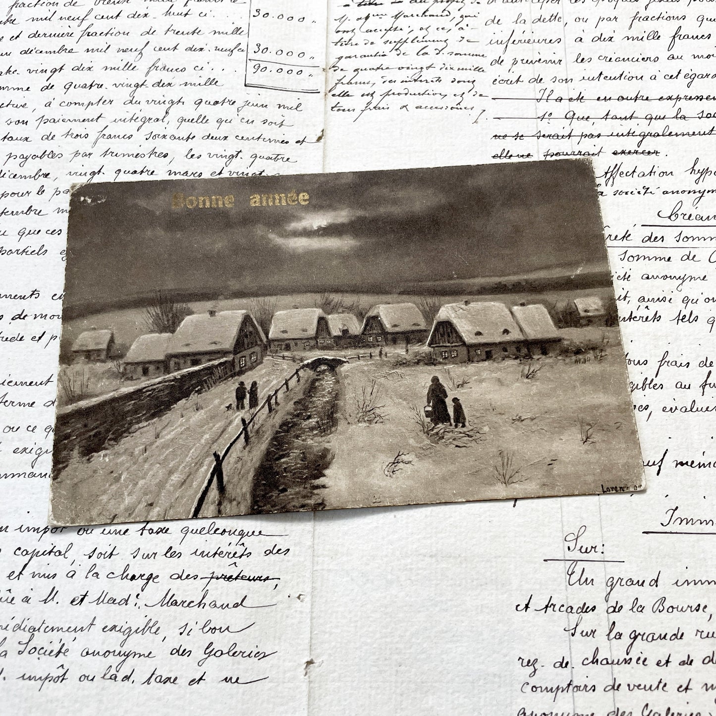 1910s - Antique French Postcards - Winter Village Scenes - New Year Greetings - Sepia Tone Art - Vintage Ephemera Collectible