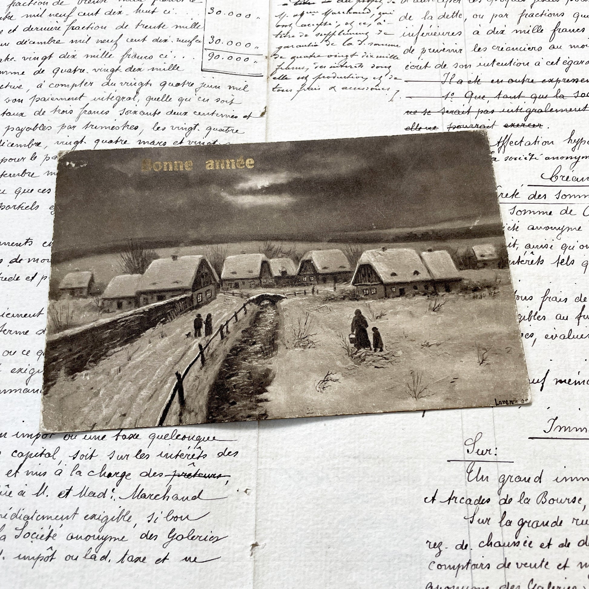 1910s - Antique French Postcards - Winter Village Scenes - New Year Greetings - Sepia Tone Art - Vintage Ephemera Collectible