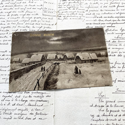 1910s - Antique French Postcards - Winter Village Scenes - New Year Greetings - Sepia Tone Art - Vintage Ephemera Collectible