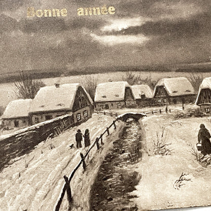 1910s - Antique French Postcards - Winter Village Scenes - New Year Greetings - Sepia Tone Art - Vintage Ephemera Collectible